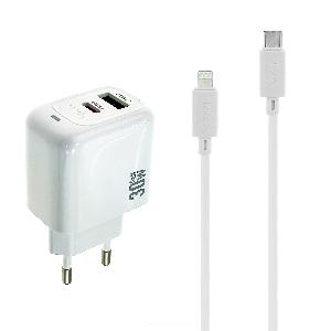 Зарядное устройство HOCO CS55A (3A х 2 USB-порта) с кабелем Type C - Lightning белое