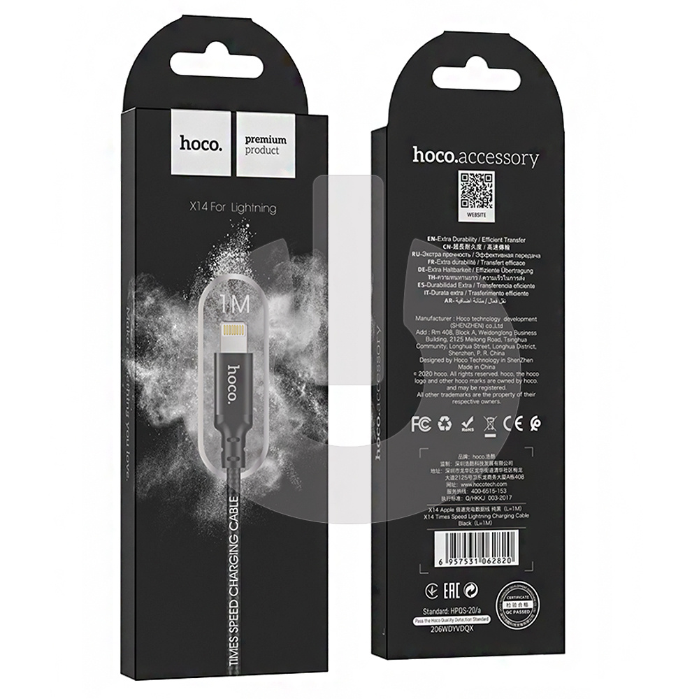 Кабель USB - Lightning HOCO X14 (1м х 2.4A) черный фото