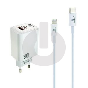 Зарядное устройство FaizFull FC208 (Type-C/ USB-A, 30W, Кабель Type-C - Lightning) белое