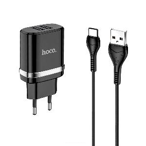 Зарядное устройство HOCO N4 (5V х 2.4A х 2-USB порта) с кабелем USB - Type-C черный АКЦИЯ